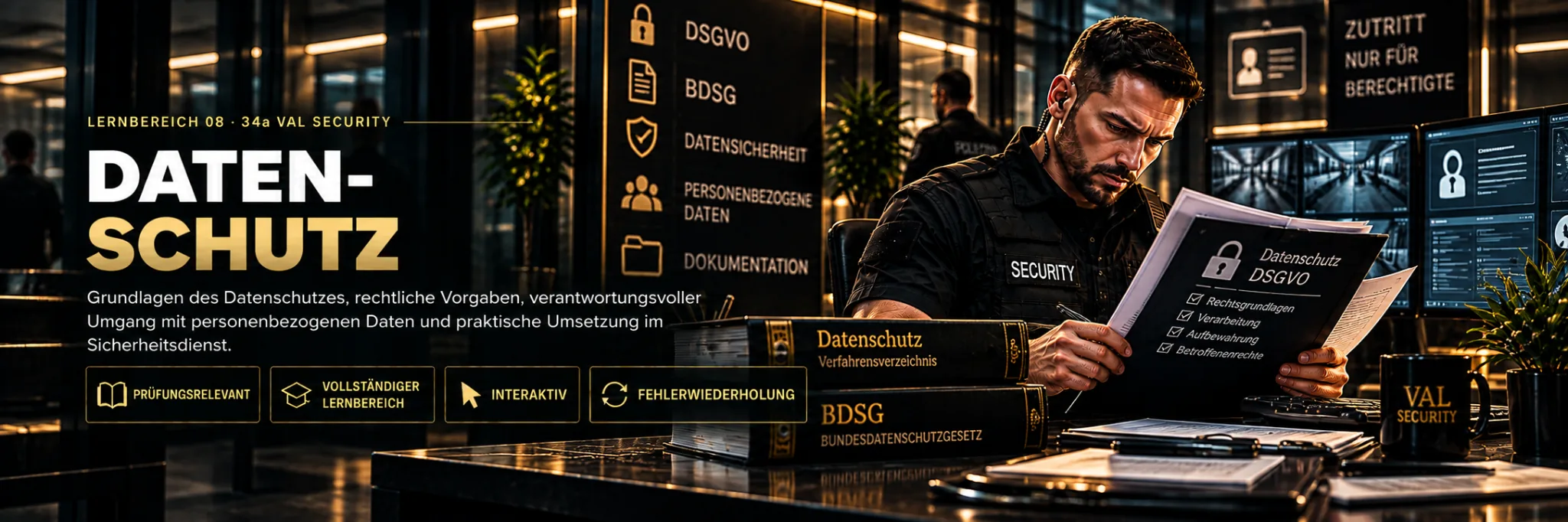 Lernbereich 08 Datenschutz: DSGVO, BDSG, Datensicherheit, personenbezogene Daten und verantwortungsvoller Datenschutz im Sicherheitsdienst