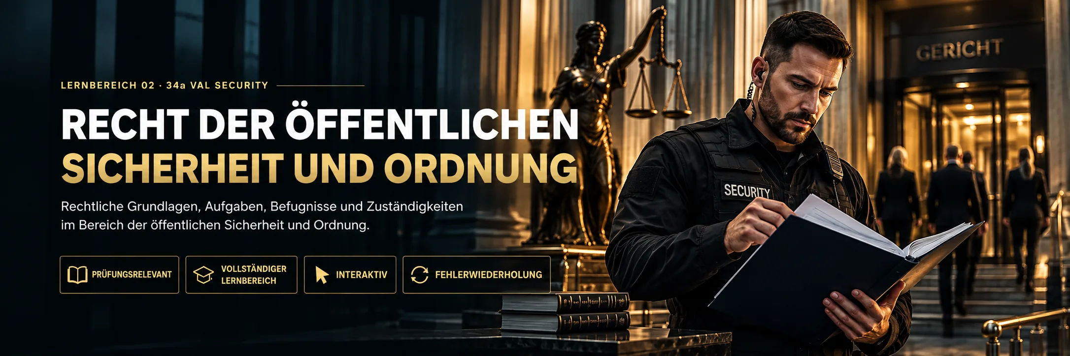 Lernbereich 02: Recht der öffentlichen Sicherheit und Ordnung – Sicherheitsmitarbeiter vor einem Gerichtsgebäude mit Justitia und Gesetzesunterlagen