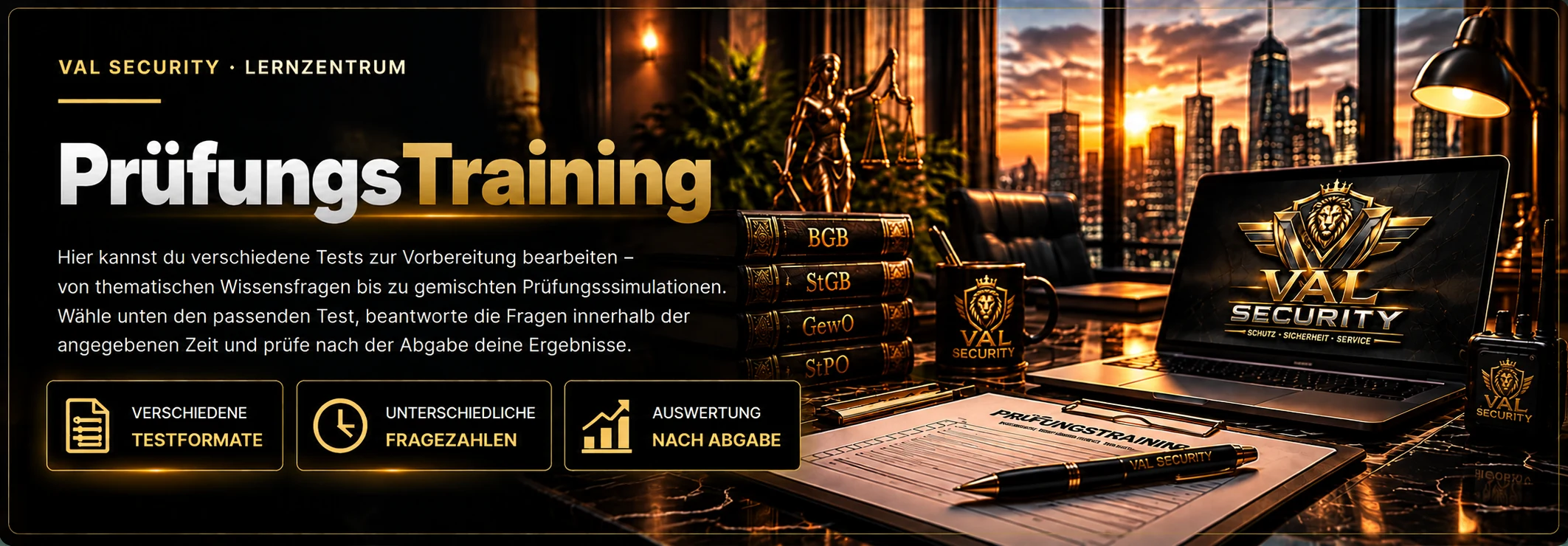 VAL Security Lernzentrum – PrüfungsTraining mit VAL-Logo perspektivisch auf dem Laptopbildschirm